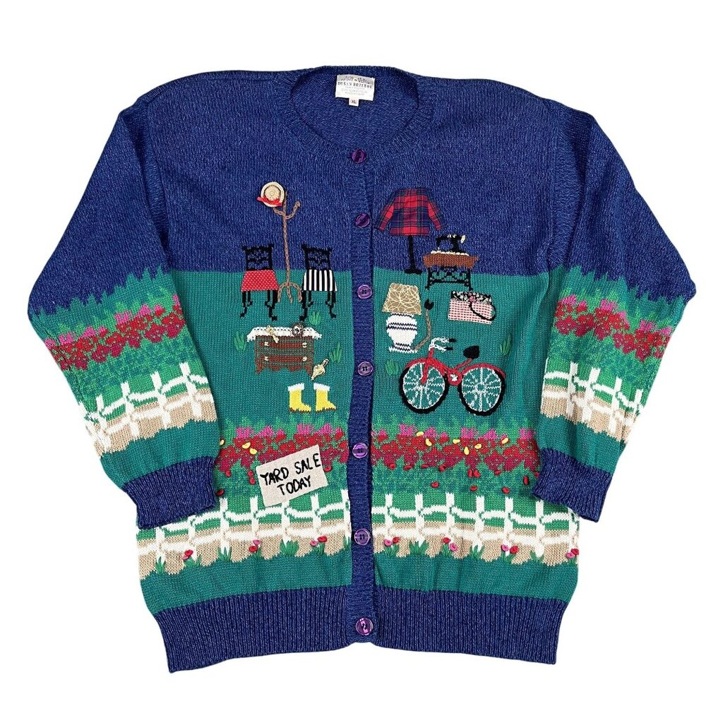 Blue and Green Women's Sweater with Yard Sale Design